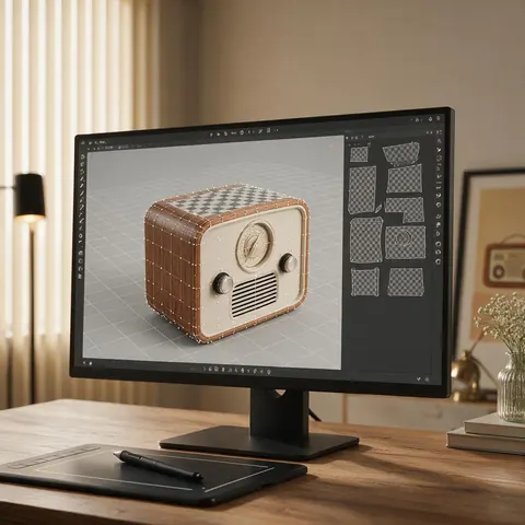 Monitor showing a radio model with a checker UV texture