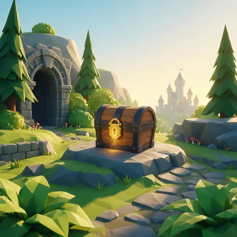Treasure chest prop in a low-poly forest game level