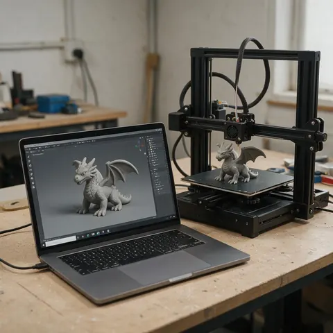 Laptop showing a dragon miniature beside a printer printing it
