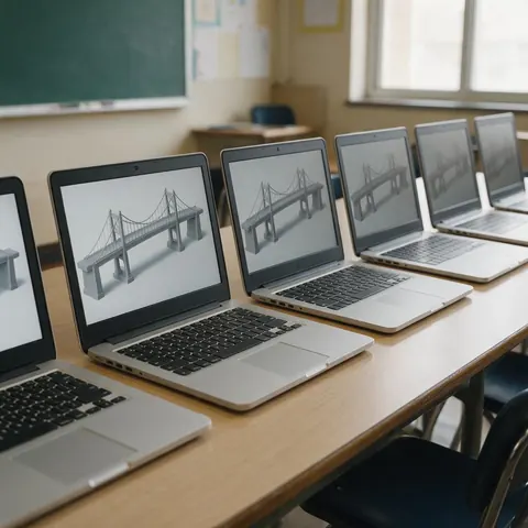 Classroom laptops showing a grey bridge model