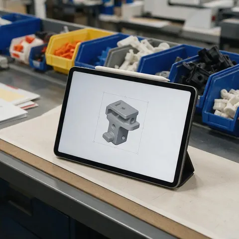 Tablet on a print shop counter showing a camera mount model