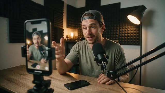 Looping clip of a creator recording a vertical talking video