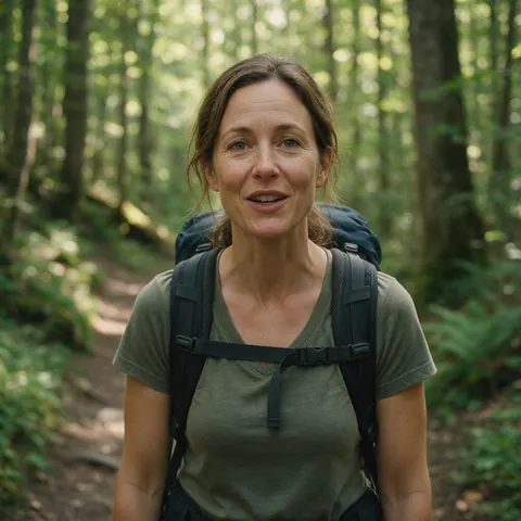 Hiker talking to camera on a forest trail