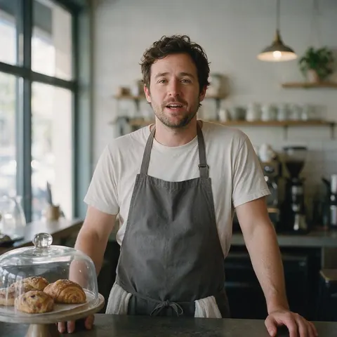 Café owner talking to camera behind a pastry counter