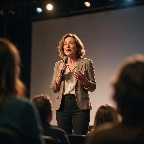 Speaker on a small conference stage with a microphone