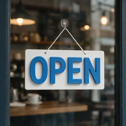 3D printed OPEN sign hanging in a cafe window