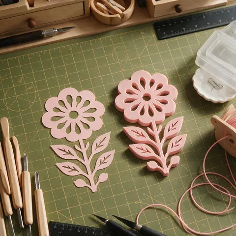 Paper-cut floral design beside a pink 3D printed version