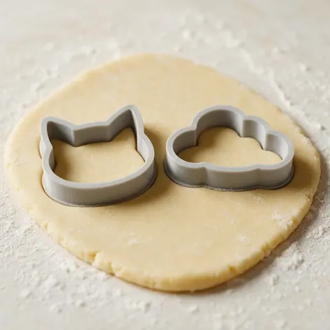 3D printed cat and cloud cookie cutters in cookie dough