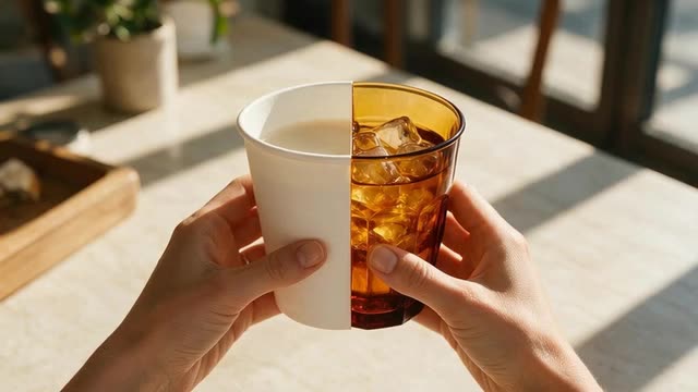 Looping clip of a paper cup turning into a glass tumbler in someone's hands