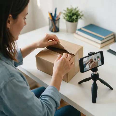 Marketer unboxing a package on camera at a bright desk