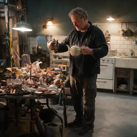 Prop master comparing two teapots on a film set kitchen