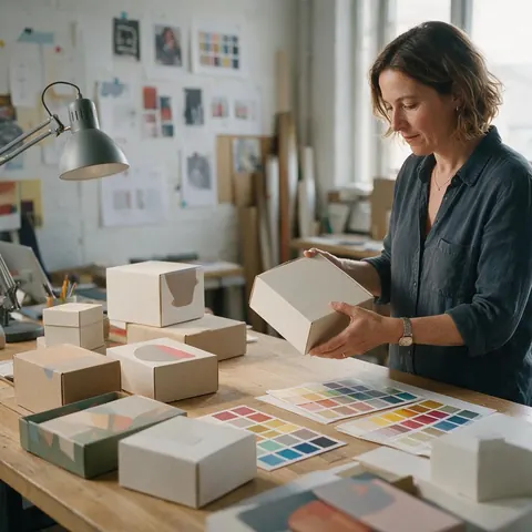 Packaging designer holding a blank box prototype in a studio
