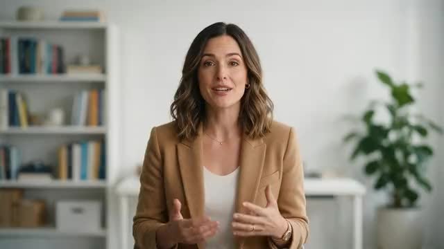 Looping clip: a presenter talking to camera in a home office