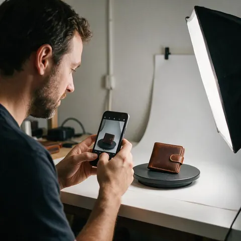 Seller filming a leather wallet on a turntable