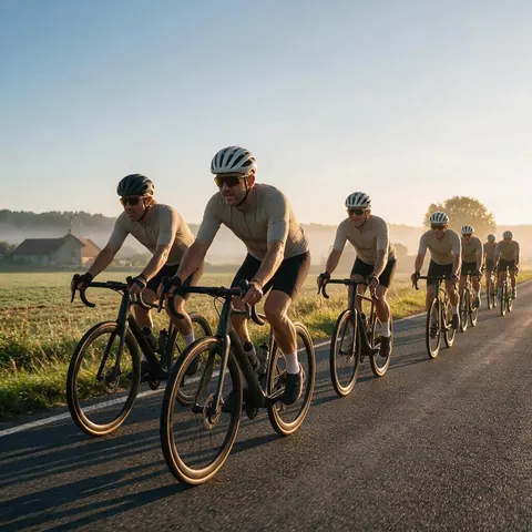 Group of cyclists riding a country road at sunrise