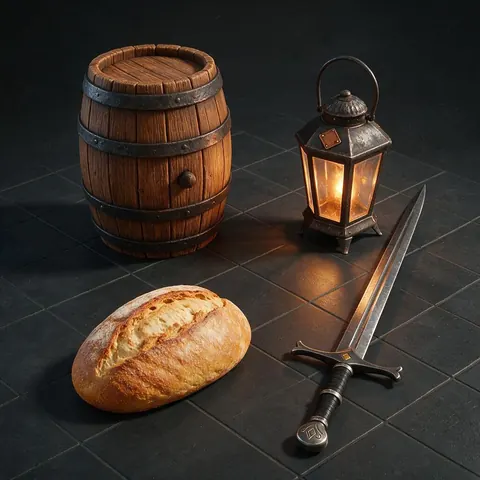 Stylised 3D game props arranged on a grid
