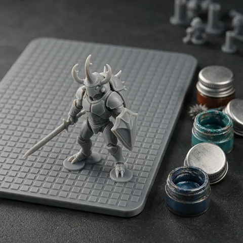 Grey 3D printed beetle knight figurine beside paint pots