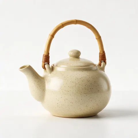 3D model of a cream ceramic teapot with a bamboo handle