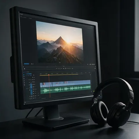 Editing monitor with a sunrise clip and music track on the timeline