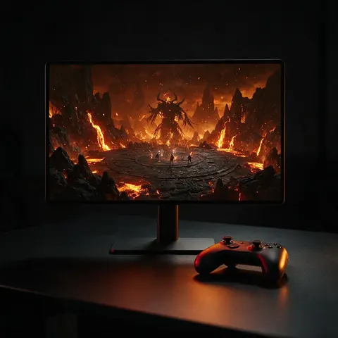 Monitor showing a fantasy boss arena from a game
