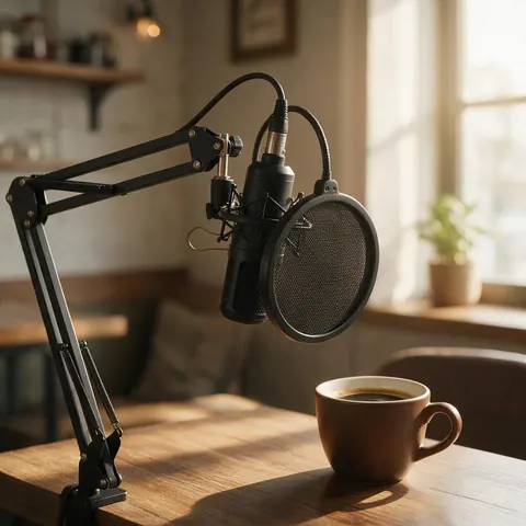 Podcast microphone and coffee cup in a cosy cafe-style room