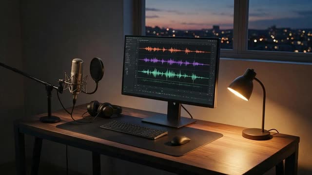 Slow push-in on a microphone in front of pulsing colourful audio waveforms