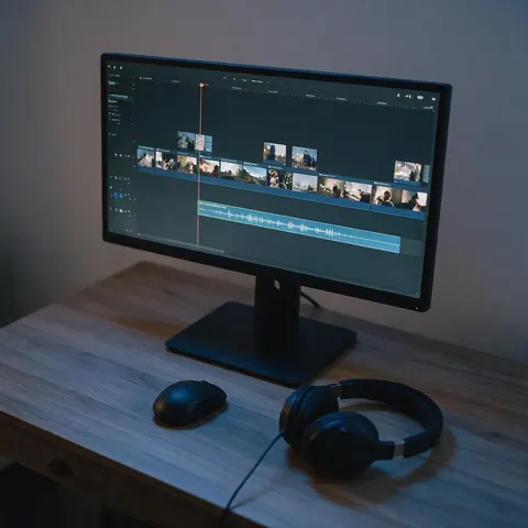 Editing monitor with B-roll clips and a highlighted voice-over track on the timeline