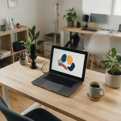Home office with a laptop slide, a small microphone and a coffee mug