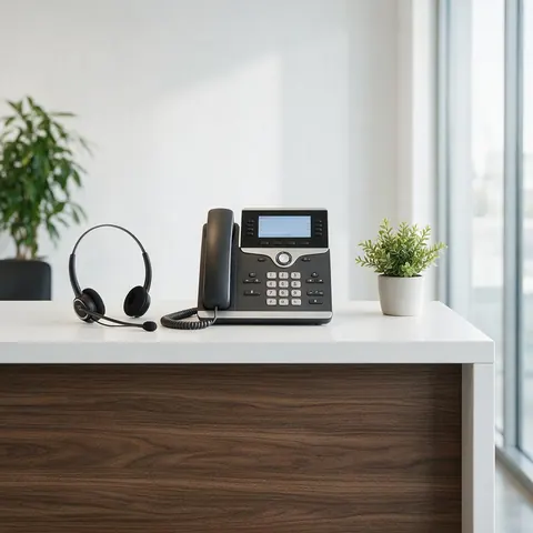 Reception desk with an office phone and headset beside a potted plant