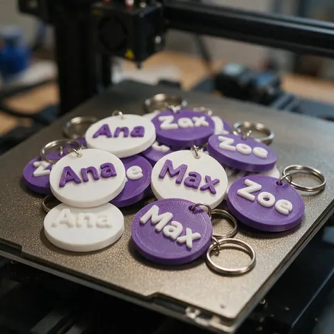 Build plate of two-colour name keychains spelling Ana, Max and Zoe