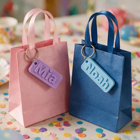 3D printed name keychains tied to party gift bags