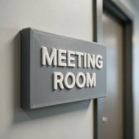 3D printed door plate spelling MEETING ROOM beside an office door