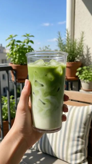Iced matcha phone photo: AI-generated phone-photo TikTok image of an iced matcha latte on a balcony
