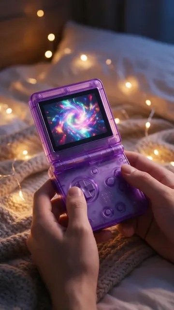 Retro handheld console: AI-generated faceless TikTok image of hands holding a retro handheld game console