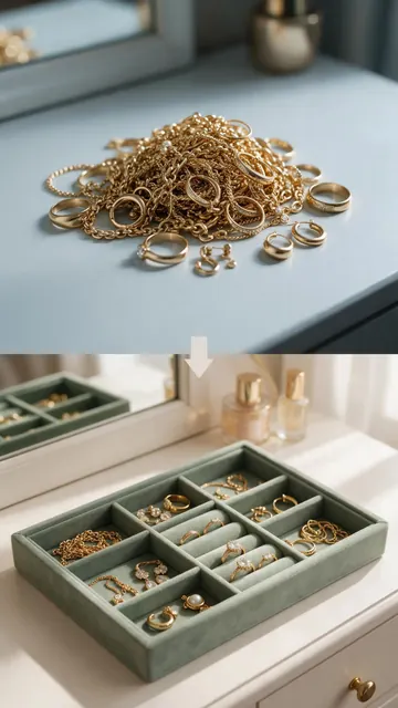 Jewellery tray before/after: AI-generated problem-to-solution TikTok image of a velvet jewellery organiser