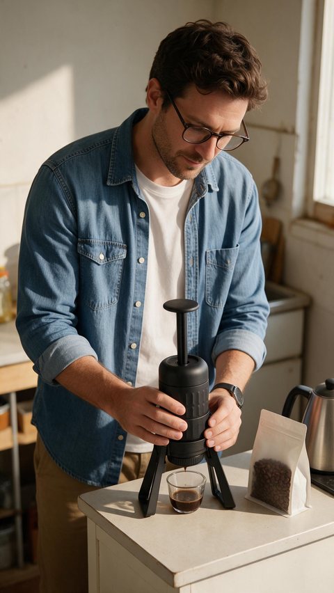 Hand-pump espresso tutorial: AI-generated tutorial-style TikTok ad of a portable hand-pump espresso maker