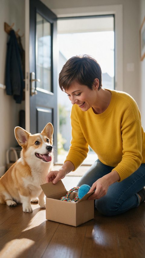 Dog toy doorstep delivery: AI-generated delivery-style TikTok ad of a rope dog toy opened at the door