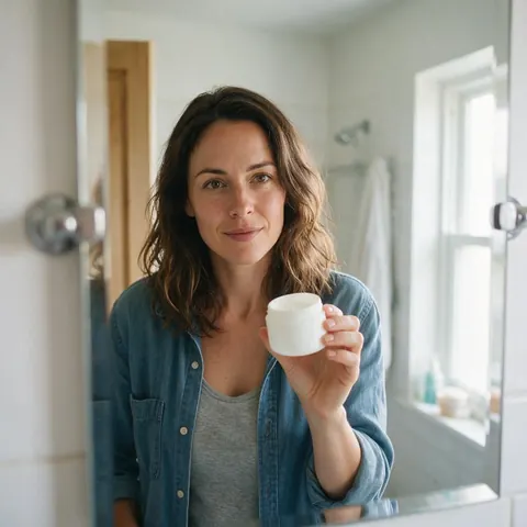 Fictional AI creator at a bathroom mirror holding a moisturiser jar