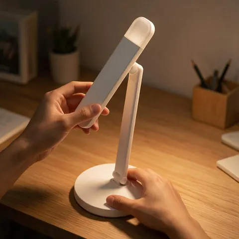 Hands setting up a small desk lamp, tutorial style