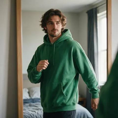 Fictional AI creator turning in a mirror in a green hoodie