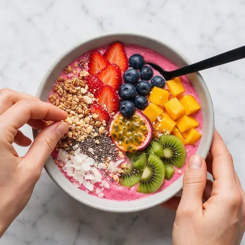 Overhead short-video frame of hands assembling a colorful smoothie bowl