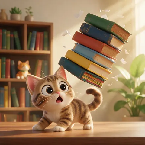 Short-video frame of an original cartoon cat surprised by a falling stack of books