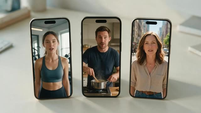 Looping clip of three phones playing vertical talking videos