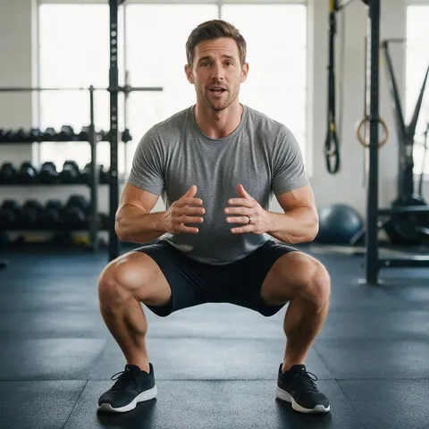 Fitness coach demonstrating a squat in a gym