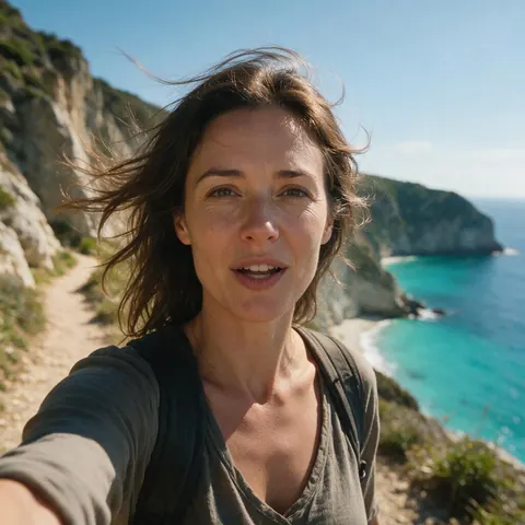 Travel creator talking to camera above a turquoise bay