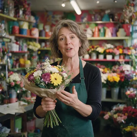 Florist holding a bouquet and talking to camera
