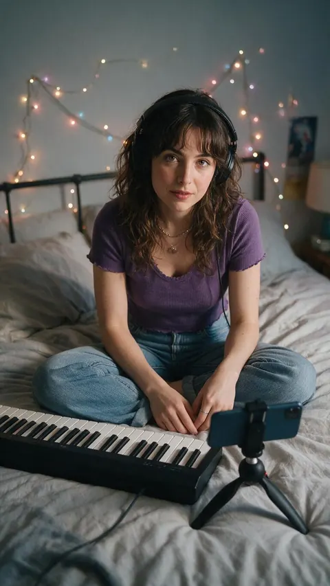 An artist on her bed with a keyboard and a phone on a tripod
