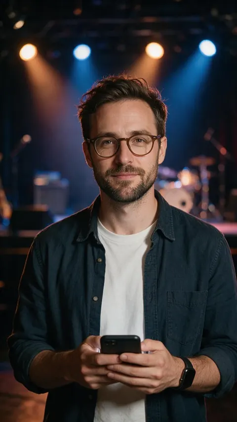 A social media manager holding a phone at a music venue