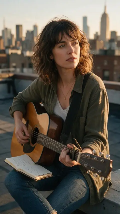 A songwriter with a guitar and notebook on a rooftop at golden hour