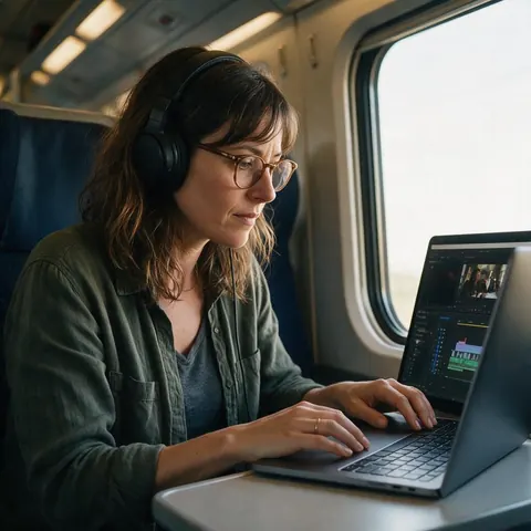 Filmmaker editing on a slim laptop at a train window